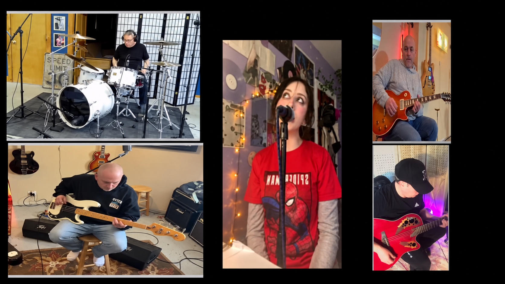 Need You Now split-screen performance with Lucía singing, Ben playing bass and electric guitar, and Kurt playing drums and acoustic guitar